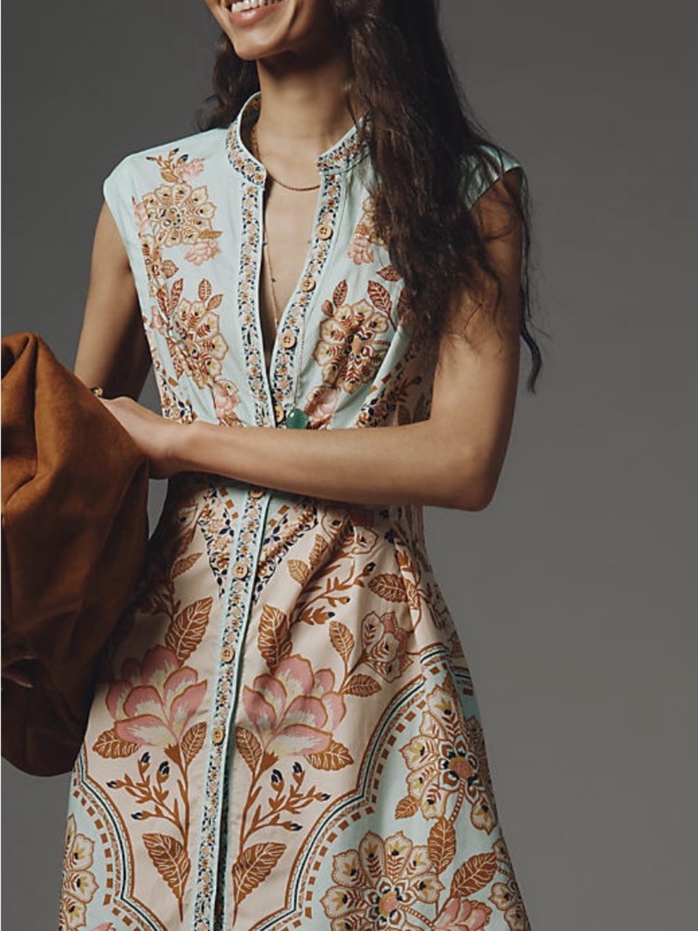 Anthropologie Embroidered Midi Dress in Light Blue and Brown
